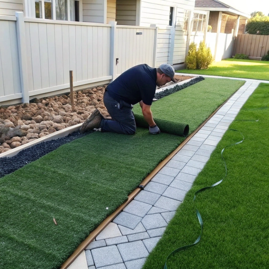 Synthetic turf being laid during a professional installation on the Central Coast