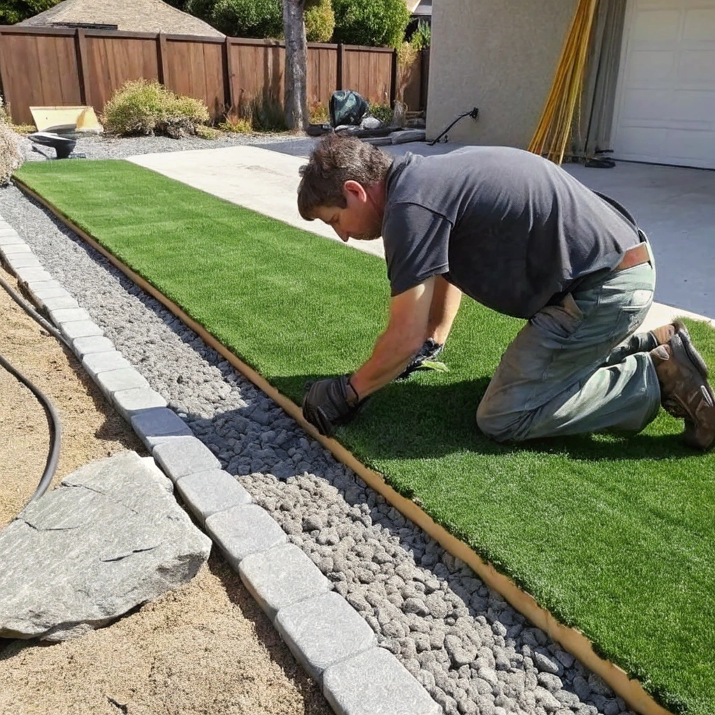 Synthetic turf being laid during a professional installation on the Central Coast