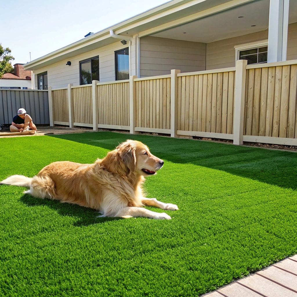 Pet friendly artificial grass lawn with a dog in a Wamberal backyard