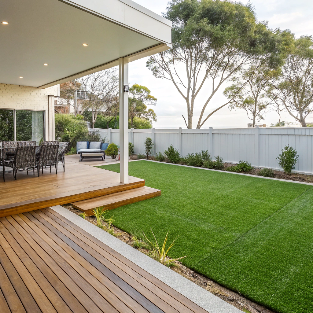 Synthetic turf backyard entertaining area at a Wamberal coastal home